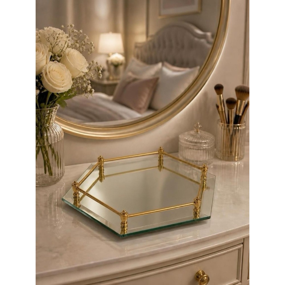 Hexagon Beveled Mirrored Vanity Tray Brass Tone Rail VTG Hollywood Regency 12"